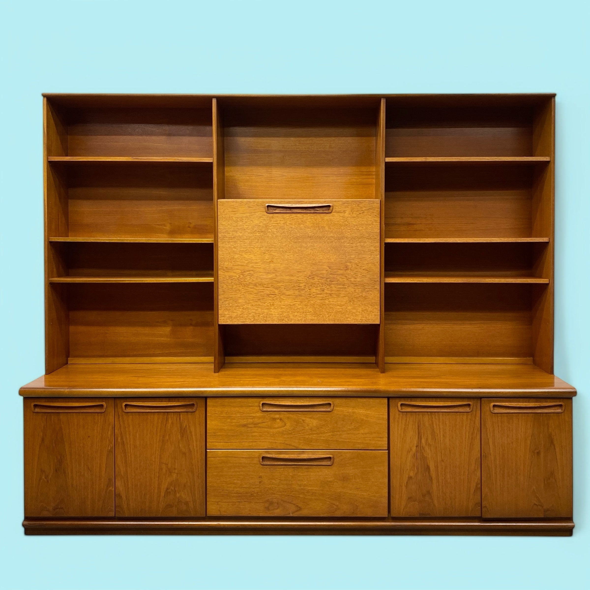 Wall Unit Shelving Cocktail Cabinet Drawers Teak Vintage Meredew