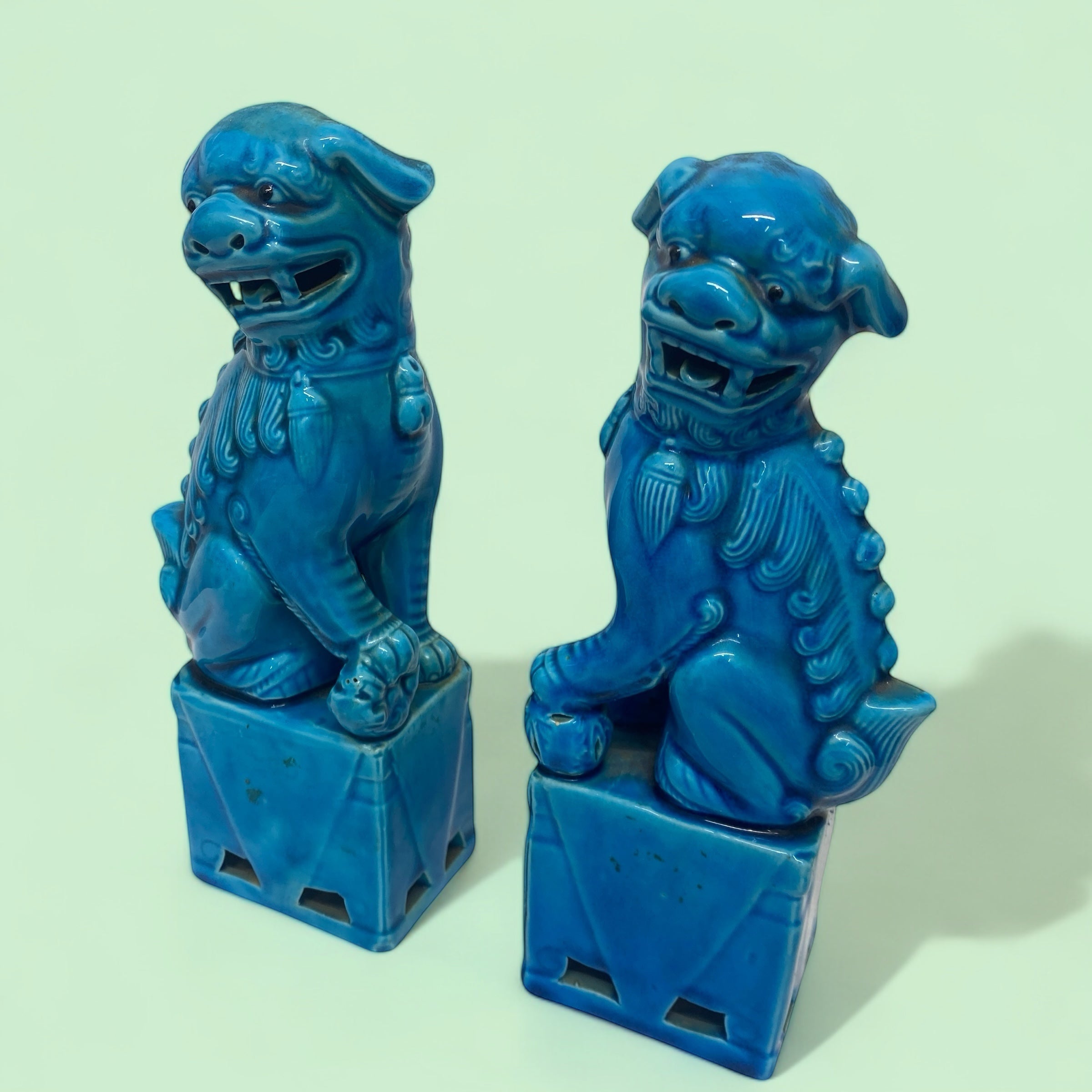 Foo Dogs China Pair Of Turquoise Enamel Porcelain 21cm