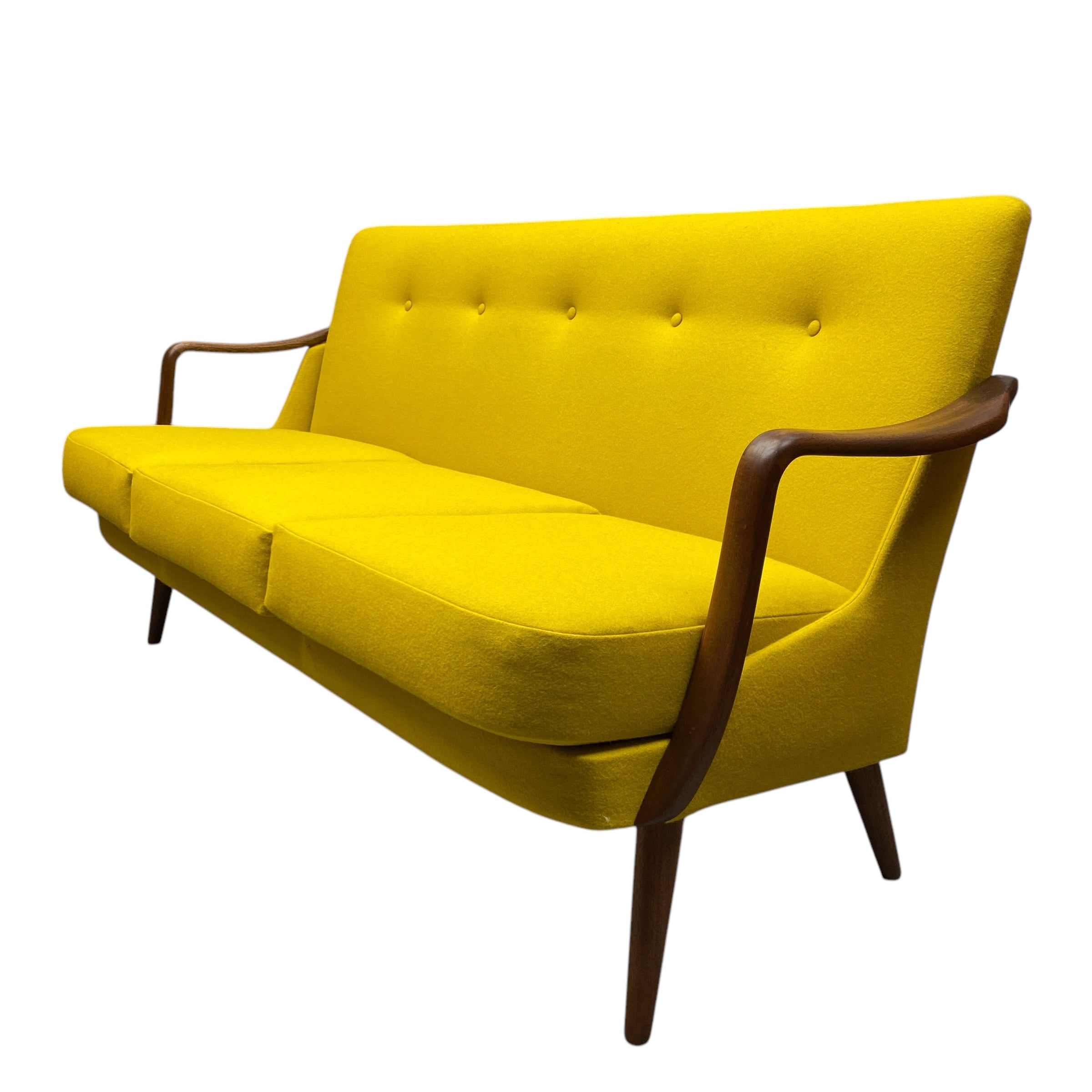 Side On Midcentury Sofa Teak Yellow Wool Three Seater