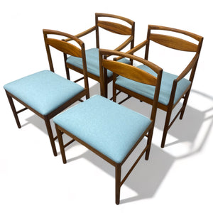 blue wool & teak dining chairs