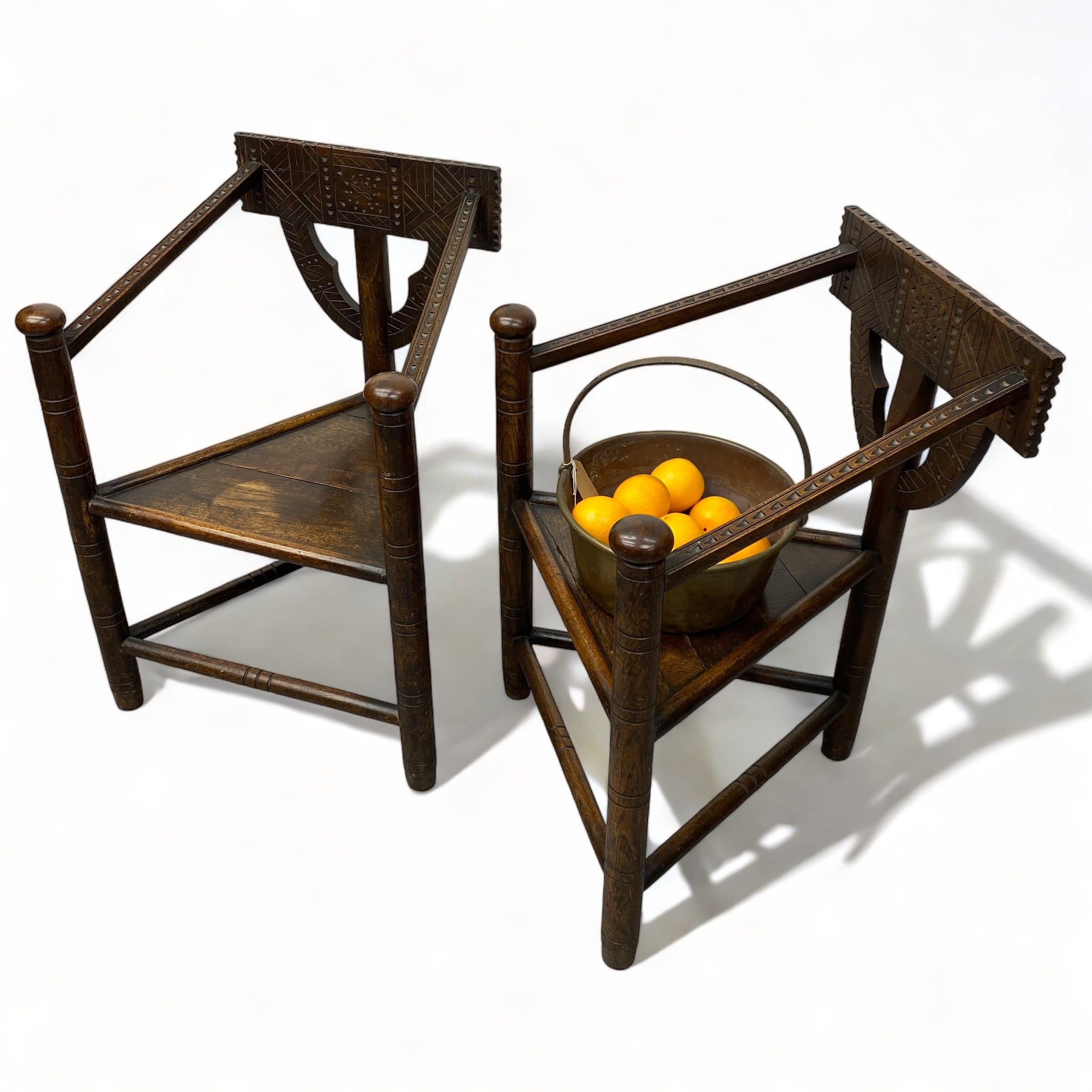 Pair of Carved Nordic Oak Corner Chairs And Oranges