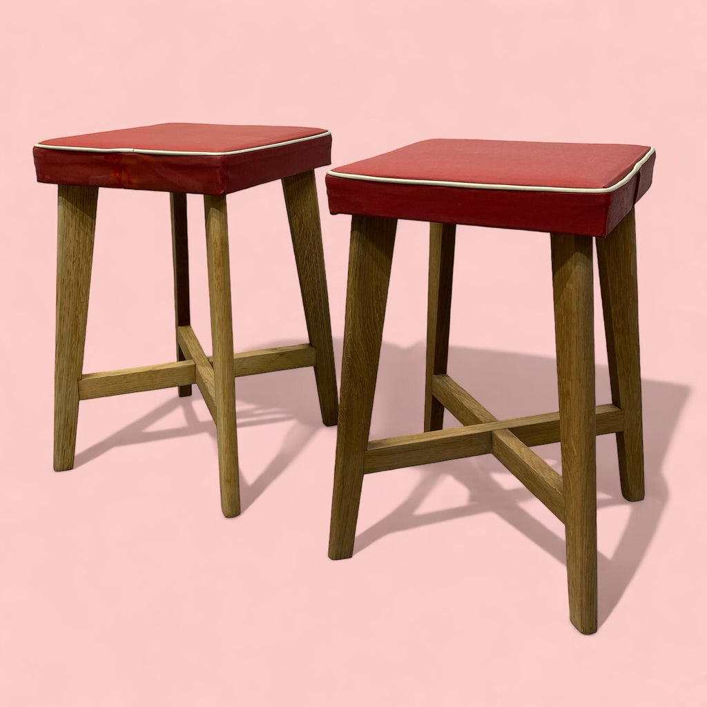 Vintage Stools Oak Vinyl Red Pair