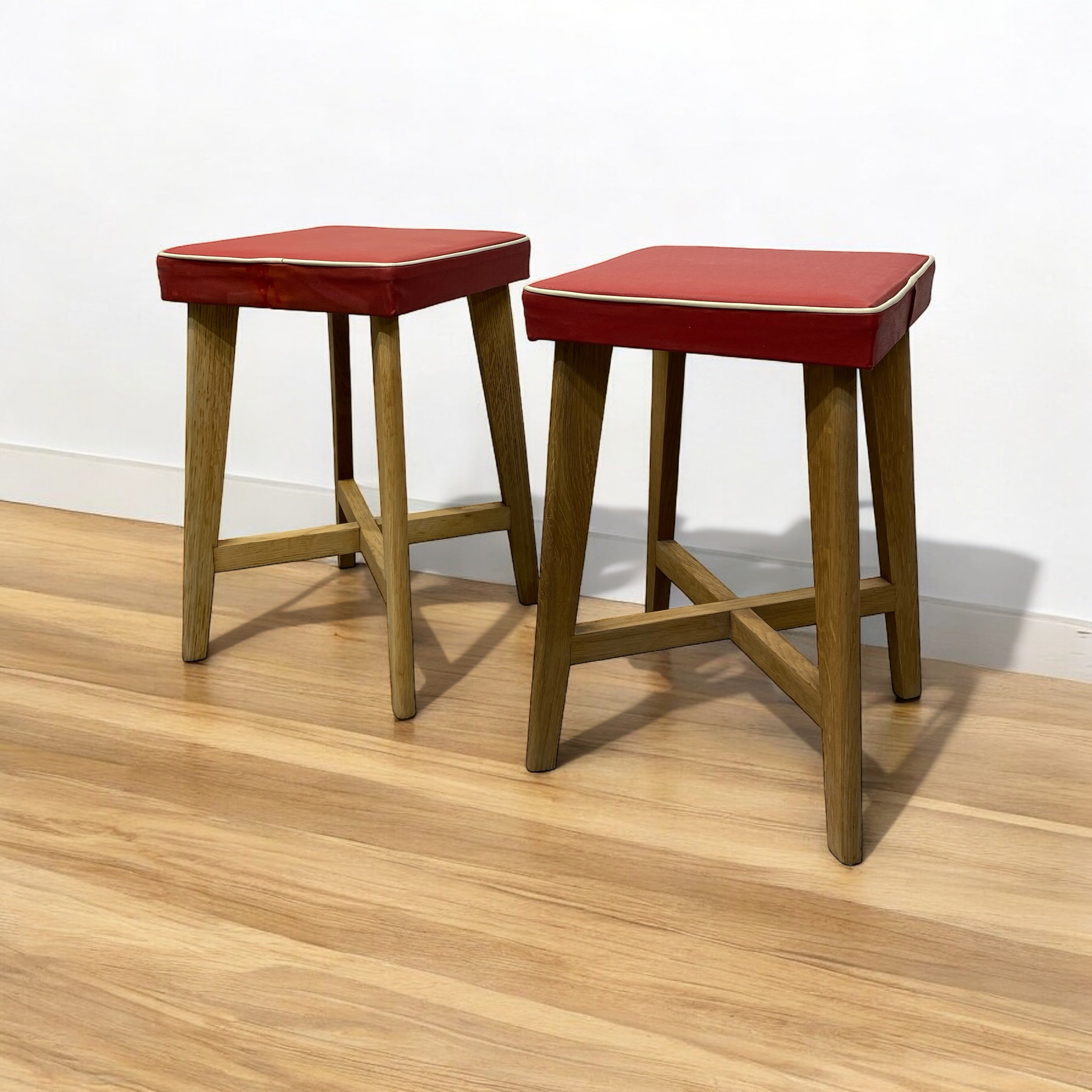 Room Set Vintage Stools Oak Vinyl Red Pair