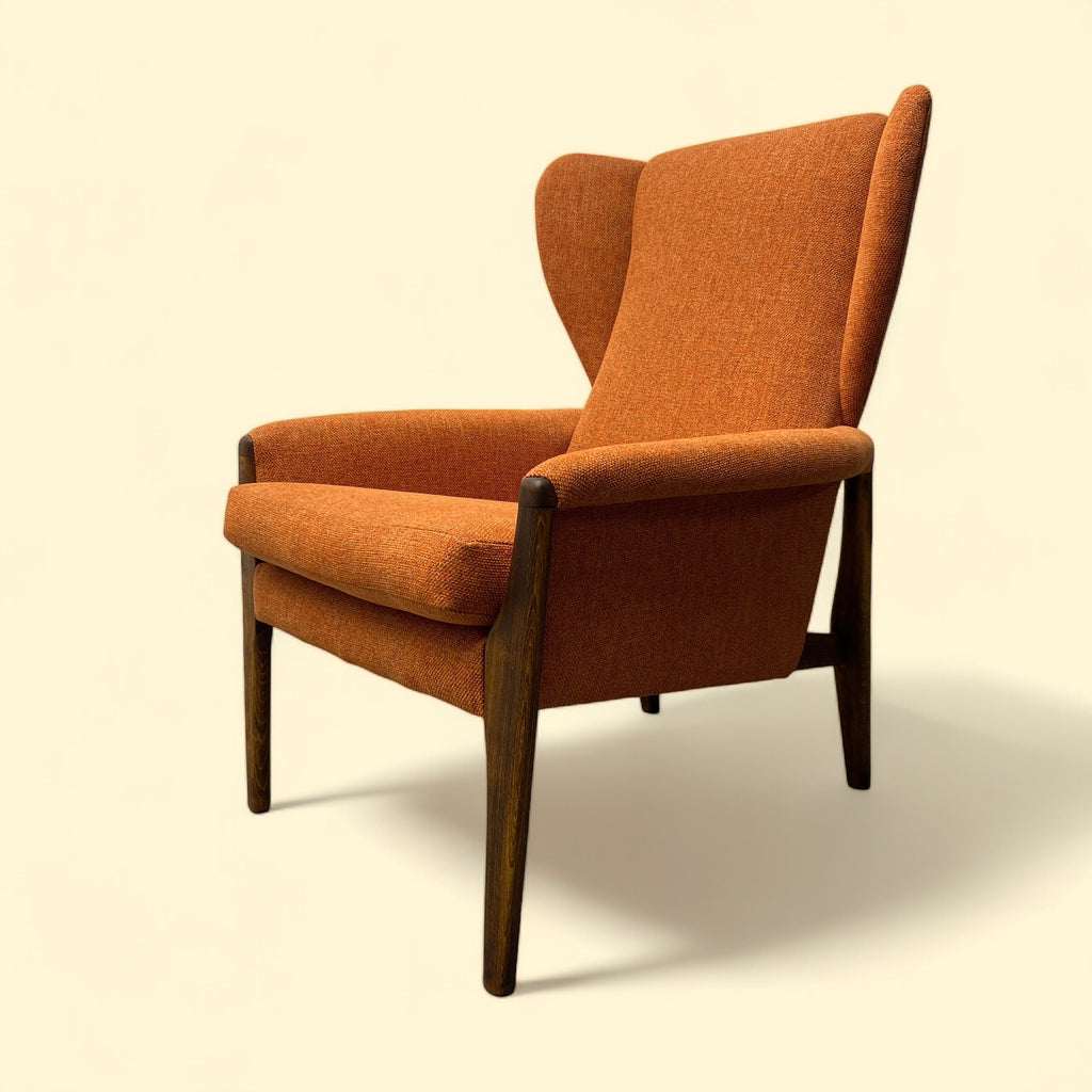 Wing Back Chair Teak Orange Camira