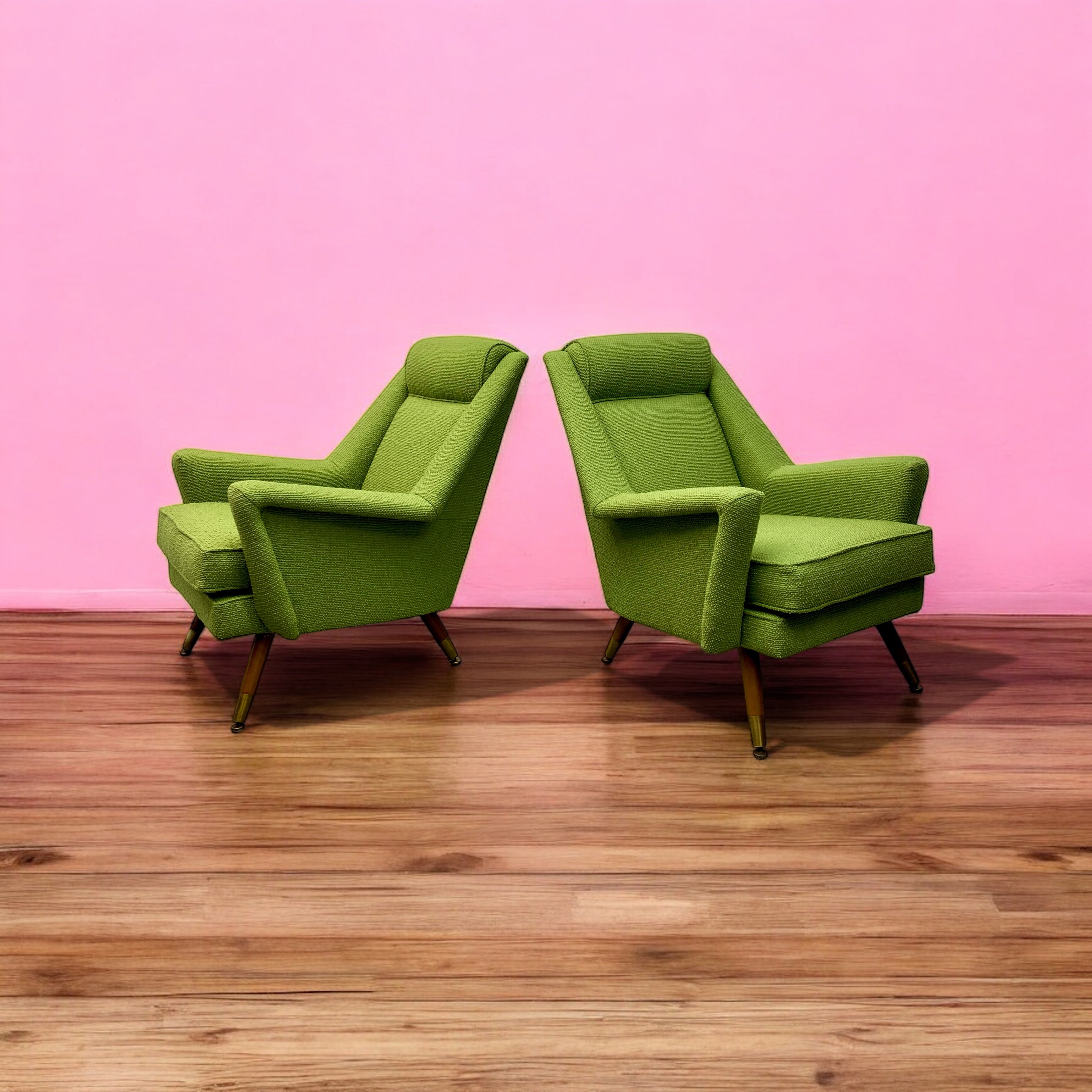 Wooden Floor Lounge Chairs 60s Pair Green Camira