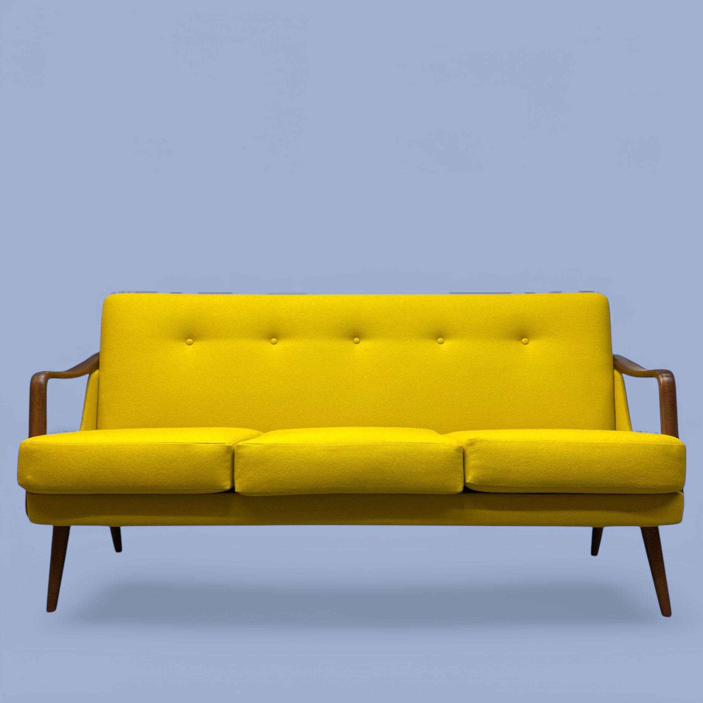 Midcentury Sofa Teak Yellow Wool Three Seater