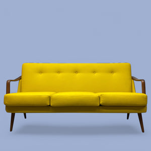 Midcentury Sofa Teak Yellow Wool Three Seater